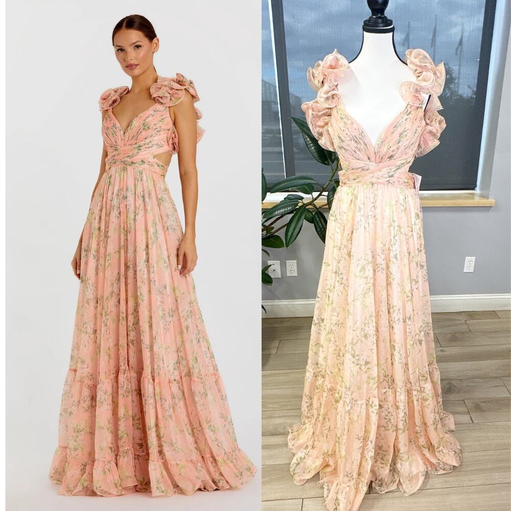 RUFFLE TIERED FLORAL CUT-OUT CHIFFON GOWN Pink Floral #67803 Size 10